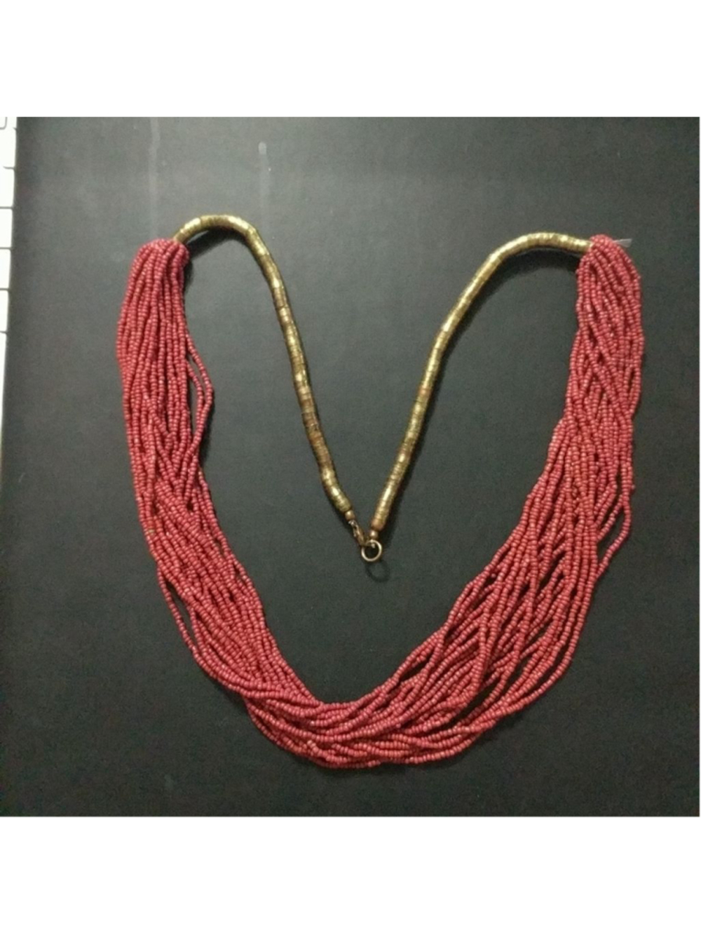 Gold Tone Heshi Bead Red Seed Bead Multi Strand Layered Statement Necklace